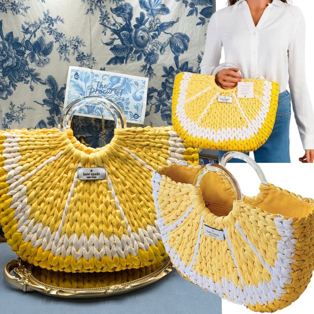 🆕 KATE SPADE NEW YORK 🧿 NWOT Picnic Perfect Lemon Woven Straw Tote Bag *FLAW*